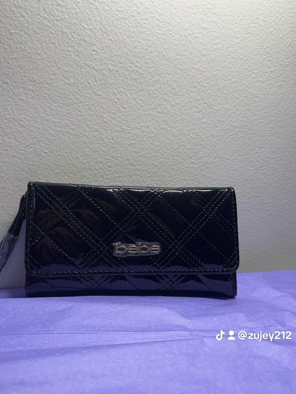 bebe Black Quilted Patent Clutch Wallet with Logo Plaque